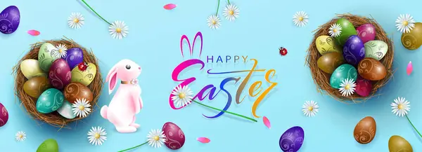 Velikonoční Karta Roztomilý Zajíček Košík Vejci Sedmikrásky Modrém Pozadí Stock Ilustrace