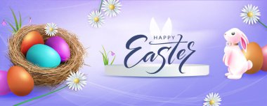 Güzel bir Paskalya tavşanı ve yuvada yumurtaları olan mor çizimler..