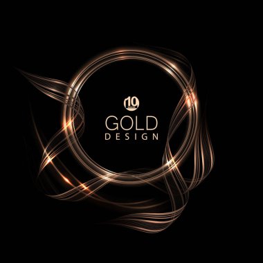 Siyah bir arkaplanda kurdeleler ve simlerle izole edilmiş altın yuvarlak çerçeve.