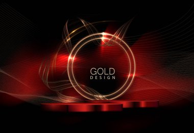 Kırmızı podyumlu kompozisyon, altın yuvarlak çerçeve ve dalgalı kurdeleler.