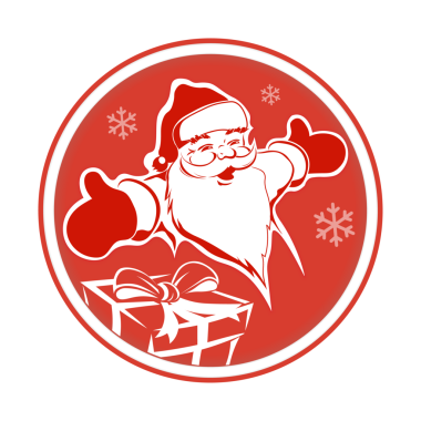 Noel yuvarlak işareti ile Noel Baba ve kutusu ve kar taneleri, tasarım öğesi.