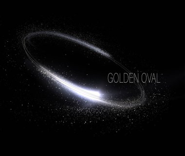 İzole tasarım elementi, altın oval, siyah arka planda parıltılı süslemeler..