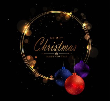 Mutlu noeller. Altın parıltılı çelenk ve Noel oyuncaklarıyla izole edilmiş elementler..