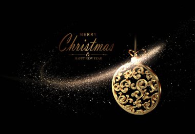 Mutlu noeller. İzole tasarım elementi, altın parıltılı yay ve retro Noel oyuncakları..