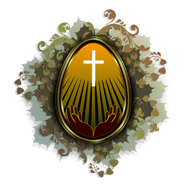 Elleri ve haç ve yaprakların yeşil çelenk ile altın bir çerçeve ile Paskalya yortusu yumurta.