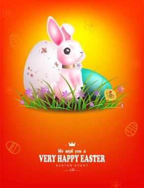 Paskalya turuncu kartı, pembe tavşan ve boyalı yumurta..