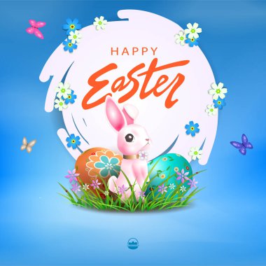 Yuvarlak çerçeveli Paskalya çizimi, şirin tavşan ve yumurtalar..