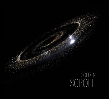 Tasarım elementi, altın kıvrımlı, siyah bir arka planda ince parlak bir süs..