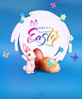 Yuvarlak çerçeveli Paskalya çizimi, şirin tavşan ve yumurtalar.