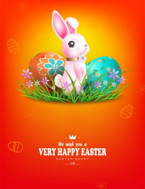 Easter orange design with cute pink bunny and painted eggs.
