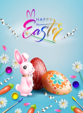 Mavi kompozisyon, tavşan ve desenli Paskalya yumurtaları..