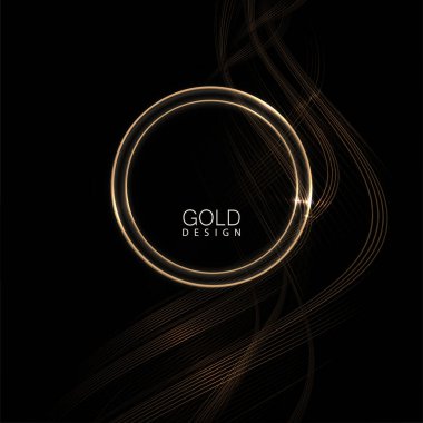 Zarif yuvarlak bir çerçeve, altın tonlarında dalgalı kurdeleler, siyah arka planda izole elementler..