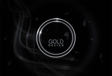 Siyah arkaplanda gümüş tonlarda dalgalı kurdeleleri olan zarif yuvarlak bir çerçeve..