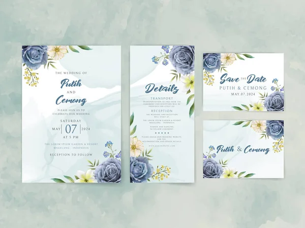 Wedding Invitation Card Elegant Royal Blue Roses — Stockvektor