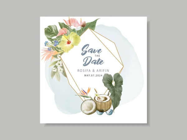 Bruiloft Uitnodiging Aquarel Bloemen Tropisch — Stockvector