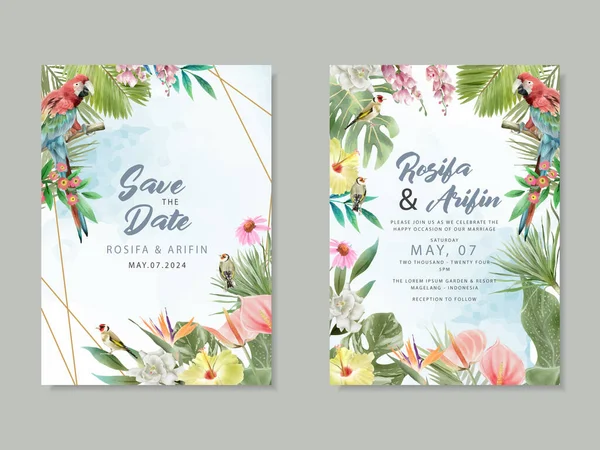 Bruiloft Uitnodiging Aquarel Bloemen Tropisch — Stockvector