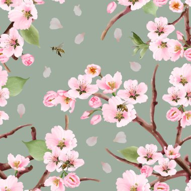 Suluboya kiraz çiçeği seamless modeli