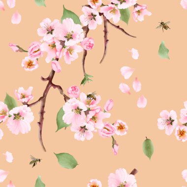 Suluboya kiraz çiçeği seamless modeli