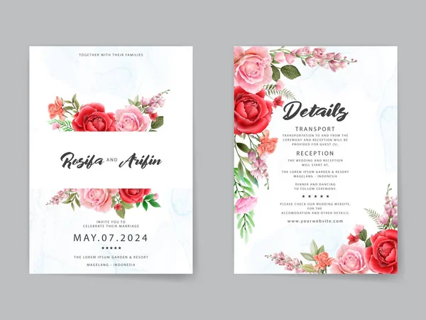 Watercolor Red Roses Wedding Invitation Card Template — Stock Vector