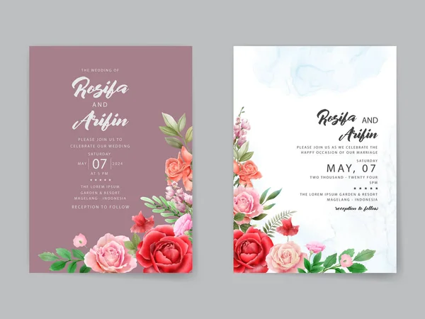 Watercolor Red Roses Wedding Invitation Card Template — Stock Vector