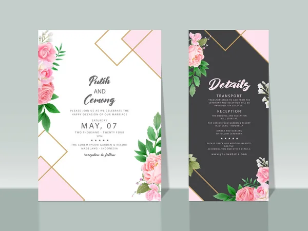 Beautiful Pink Roses Watercolor Wedding Invitation Card — Stock Vector