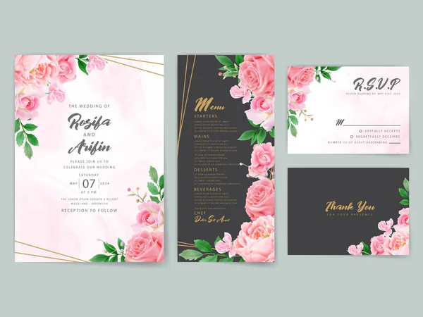 Schöne Rosa Rosen Aquarell Hochzeitseinladungskarte — Stockvektor