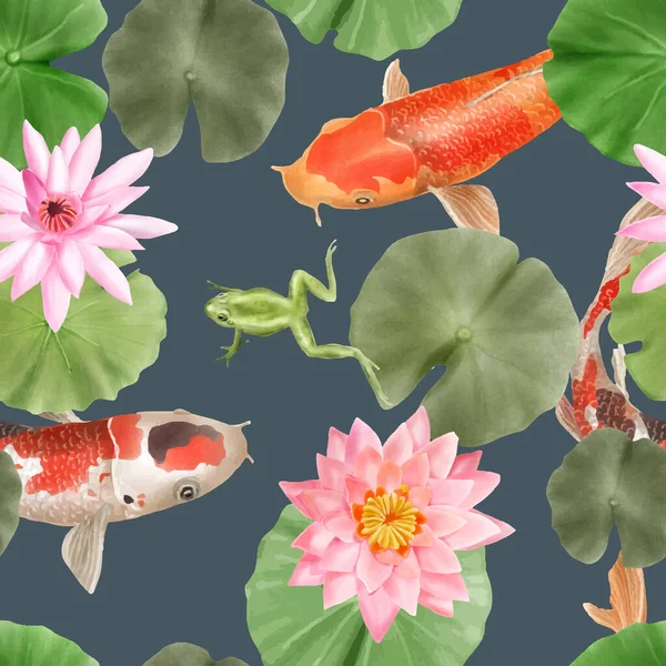 Beautiful Koi Fish Watercolor Seamless Pattern — Stock Vector