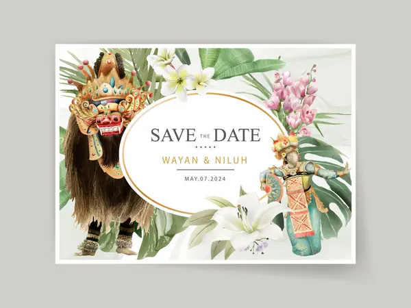 Bali Tanečnice Ilustrace Svatební Pozvánka Karta Šablona — Stockový vektor
