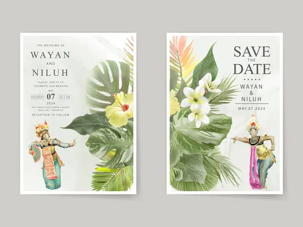 Bali Danseur Illustration Mariage Invitation Carte Modèle — Image vectorielle