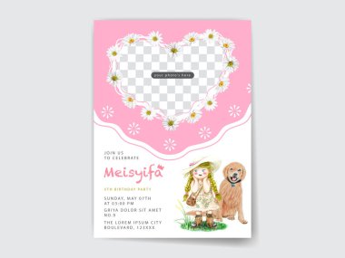 Tatlı çizgi film karakteri suluboya resimli doğum günü davetiyesi seti