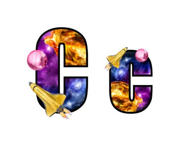 Tatlı uzay çocuğu illüstrasyonuyla izole edilmiş alfabe