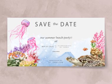 Elle boyanmış suluboya deniz hayatı partisi daveti