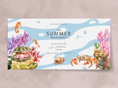 hand painted watercolor sea life party invitation clipart