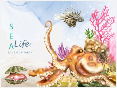 sualtı yaşamı suluboya arka plan