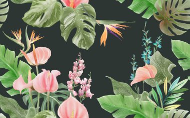 Güzel el çizilmiş tropik desensiz çiçek deseni