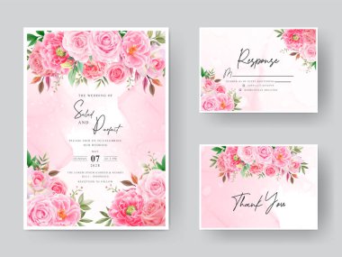 Zarif suluboya pembe çiçeklerle düğün davetiyesi şablonu