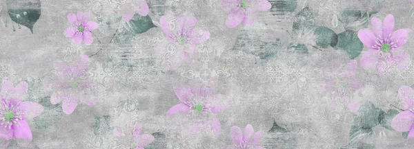 紫丁香花与水泥质感无缝图案 纺织品或陶瓷表面的重复背景 — 图库照片