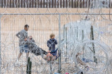 Migrants cross the Rio Grande and navigate barbed wire to reach the Mexico-US border in search of a better life. They attempt to surrender to the Border Patrol undetected by the Texas National Guard, as encountering them could mean being returned to  clipart