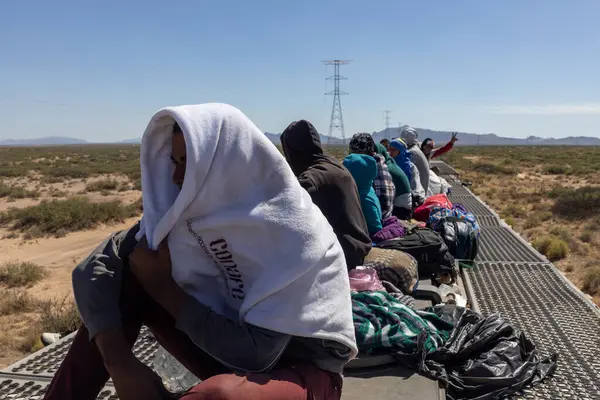 Göçmenler, Rio Grande 'ye doğru ilerlemeden önce yoğun güneşten korunmak için Ciudad Juarez' in çölündeki bir yük treninin tepesinde dinleniyorlar..