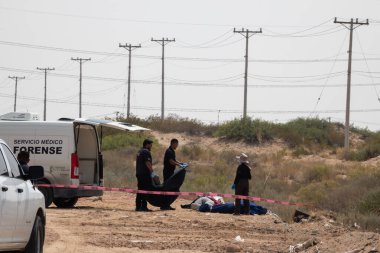 Adli tıp ekibi, Ciudad Juarez 'in çölündeki artan şehir şiddetinin ortasında bir suç mahallini araştırıyor..