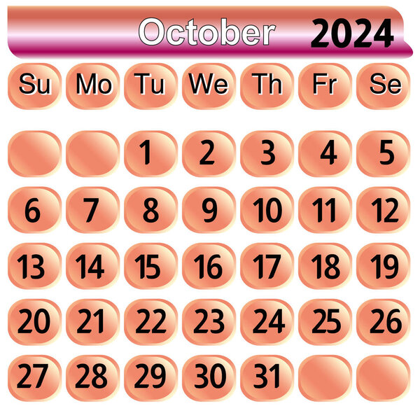October month calendar 2024 in pink color. the Calendar for the month of octuber 2024 on a white background.