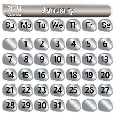 Ocak 2024 takvimi gümüş renginde. takvim Vektör illüstrasyonu için gümüş düğmeler.