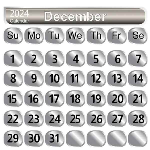 Diciembre Mes Calendario 2024 Color Plata Ilustración Conjunto Botones Metálicos — Vector de stock