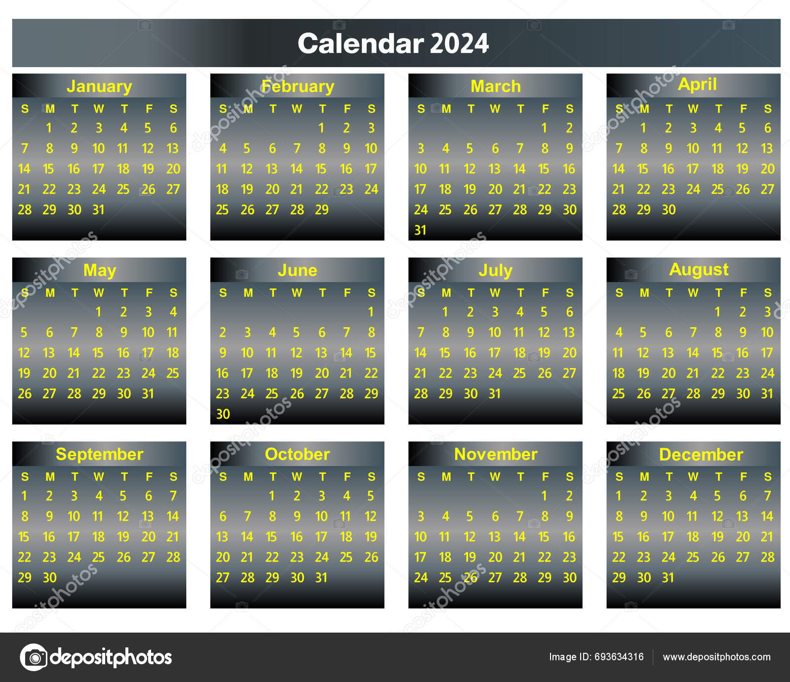 2024 Cielo Calendario Diseño Color Negro Vector de stock por