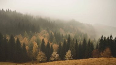 Misty landscape with fir forest in hipster vintage retro style. High quality photo