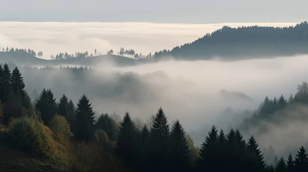 Misty Mountains Fir Forest Fog Foggy Trees Morning Light High — Stock Photo, Image