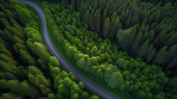Curvy Road in Summer Pine Forest top Down Drone Photography. High quality photo