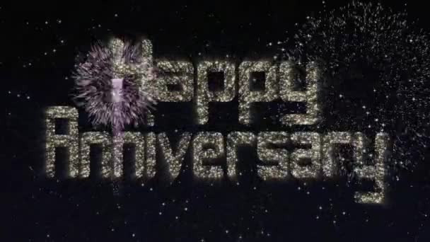 Happy Anniversary Celebrating Greeting Text Particles Sparks Black Night Sky — стоковое видео