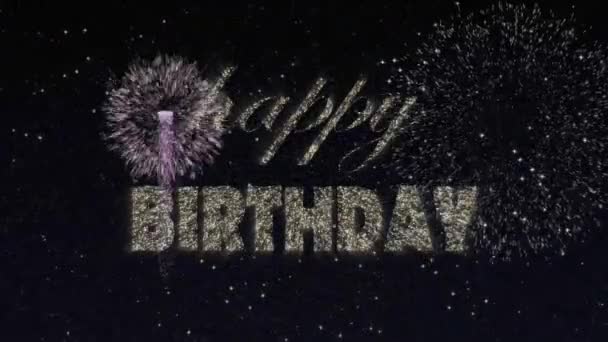 生日快乐庆祝问候文本与粒子和火花在黑色夜空上的彩色的慢动作烟花背景 漂亮字体魔术设计 — 图库视频影像