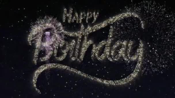 Feliz Cumpleaños Saludo Texto Celebración Con Partículas Chispas Cielo Negro — Vídeos de Stock